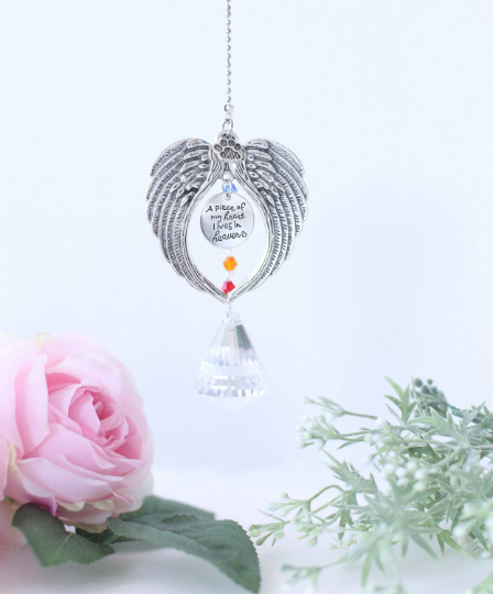 Pet Memorial Crystal Suncatcher with Wings "A Piece of My Heart Lives in Heaven"