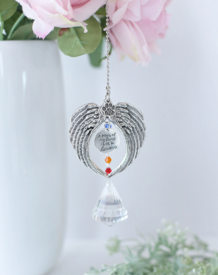 Pet Memorial Crystal Suncatcher with Wings "A Piece of My Heart Lives in Heaven"